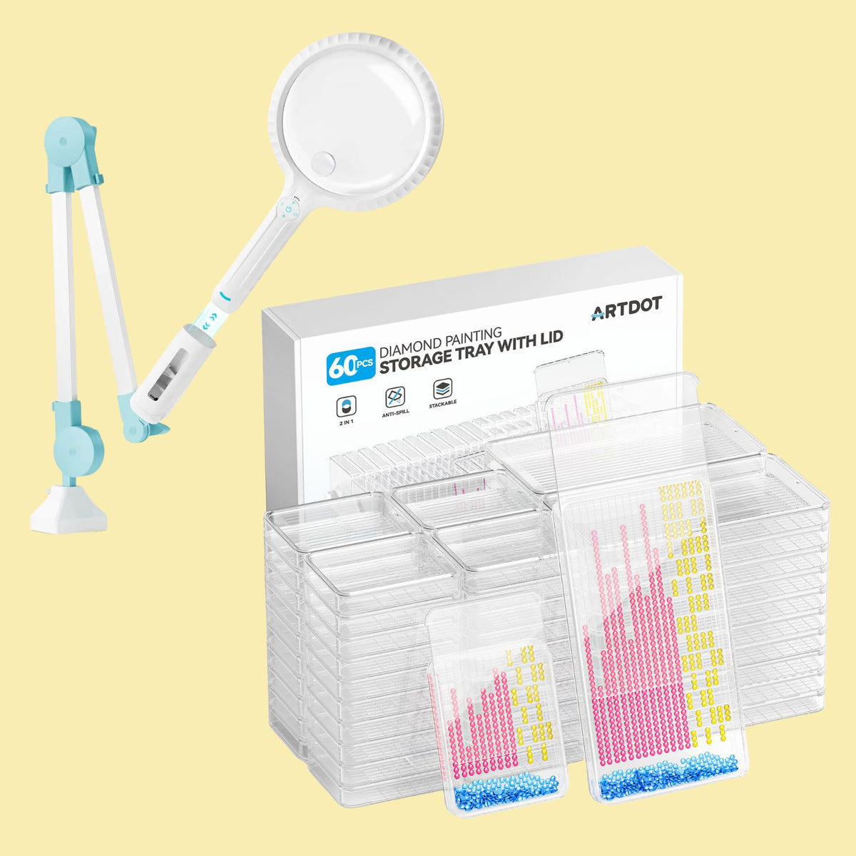 60 Pcs Trays with Lid + Magnifying Lamp ARTDOT
