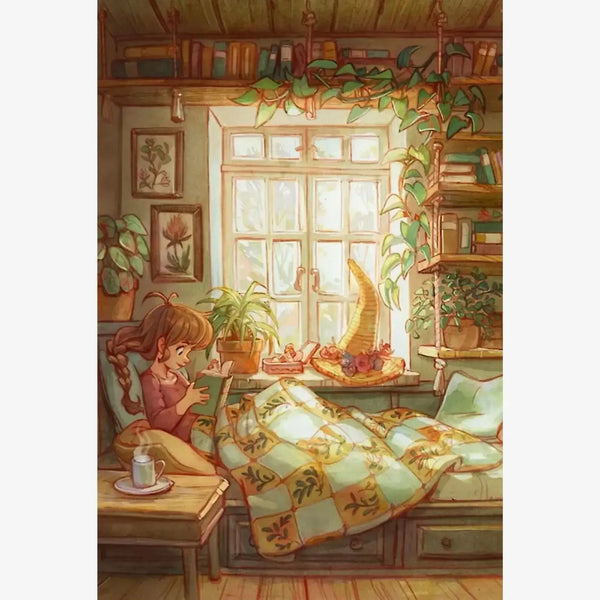 Cozy Reading, Kit per Pittura Diamantata Pastorale di Grande Dimensione (Punti Quadrati, 18"×26,5")