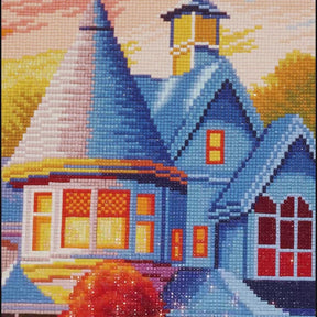 Evening Glow, Idyllic Homes – zestaw do malowania diamentami (kwadratowe kamienie, 26,5" × 18")